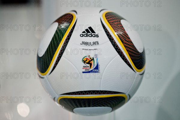The 'Jabulani' soccer ball which was the official ball of the 2010 soccer world cup in South Africa is pictured during the general meeting of sporting goods manufacturer adidas in Fuerth, Germany, 08 May 2014. Photo: DANIEL KARMANN/dpa