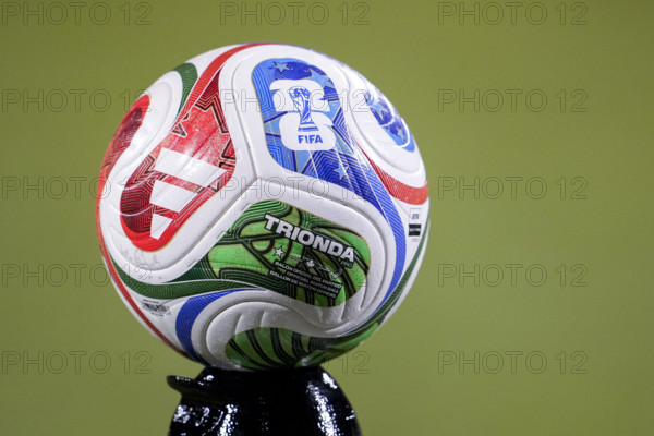 A ball of the brand adidas Trionda Pro (World Cup 2026 match ball), official match ball, official Match Ball, stock photo, stock image, symbol, cutout, single image, action, 01.12.2025, Frankfurt am Main (Germany), soccer, international match, U23 women,