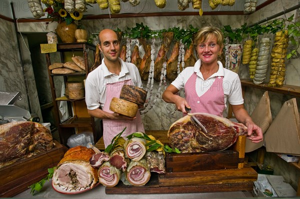 Rosita Cariani and Marco Biagetti, owners of the Butcher shop "Tagliavento" in Bevagna, Italy