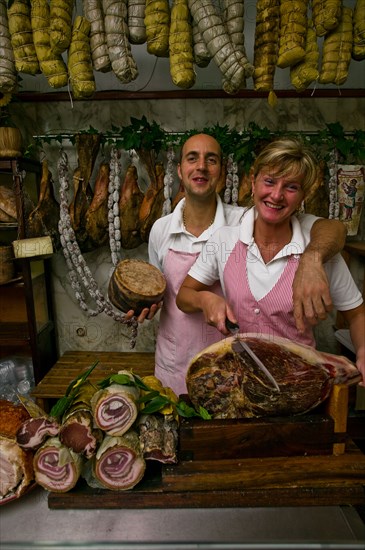 Rosita Cariani and Marco Biagetti, owners of the Butcher shop "Tagliavento" in Bevagna, Italy