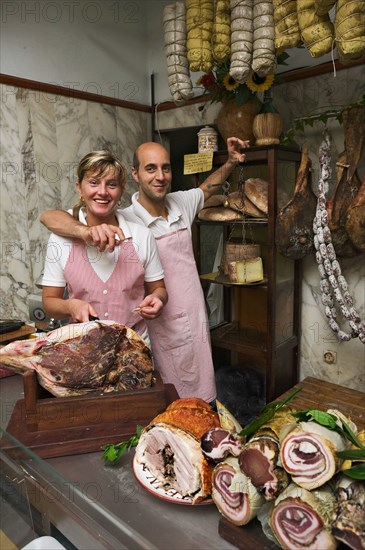 Rosita Cariani and Marco Biagetti, owners of the Butcher shop "Tagliavento" in Bevagna, Italy