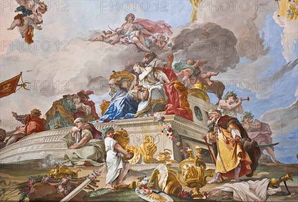 Palazzina di Caccia di Stupinigi (Villa Reale), anticamera nell'appartamento della Regina: particolare de "Il sacrificio di Ifigenia", affresco di Giovan Battista Crosato, 1733.
Palazzina di Caccia di Stupinigi, Stupinigi (TO), Piemonte, Italia/Italy