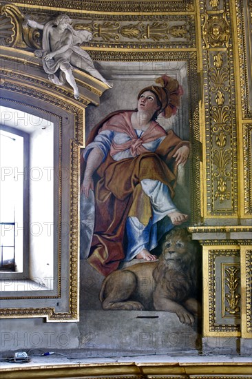 Basilica of St Andrew della Valle, the bowl-shaped vault of the apse: the Fortitude with a lion