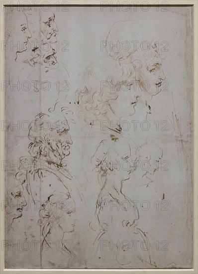 "Heads and Figure in Bust Length Views, one in three quarter length", by Leonardo da Vinci, pen and two different brown inks