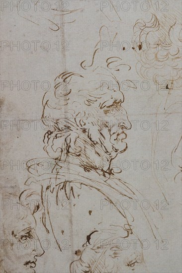 "Heads and Figure in Bust Length Views, one in three quarter length", by Leonardo da Vinci, pen and two different brown inks