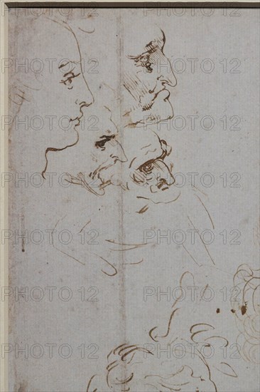 "Heads and Figure in Bust Length Views, one in three quarter length", by Leonardo da Vinci, pen and two different brown inks