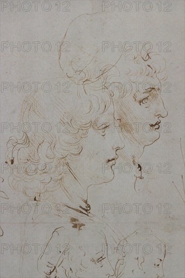 "Heads and Figure in Bust Length Views, one in three quarter length", by Leonardo da Vinci, pen and two different brown inks