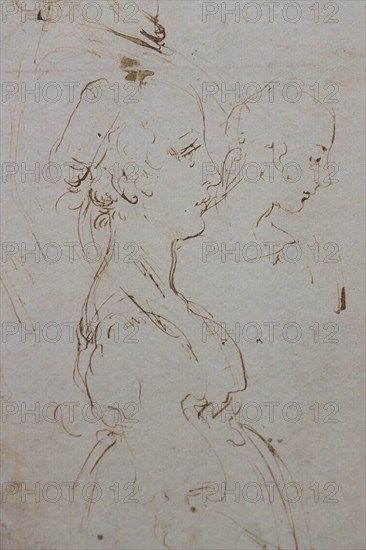 "Heads and Figure in Bust Length Views, one in three quarter length", by Leonardo da Vinci, pen and two different brown inks