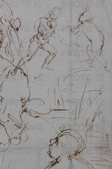 "Heads and Figure in Profile Views, The Virgin Mary nursing Infant Jesus in a Landscape and Infant St. John, a Lion Head and a Dragon" by Leonardo da Vinci