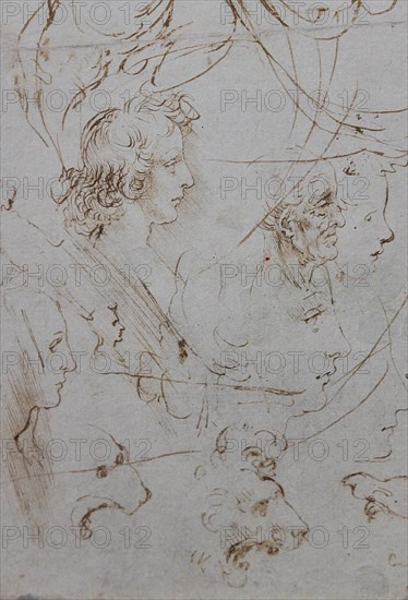 "Heads and Figure in Profile Views, The Virgin Mary nursing Infant Jesus in a Landscape and Infant St. John, a Lion Head and a Dragon" by Leonardo da Vinci