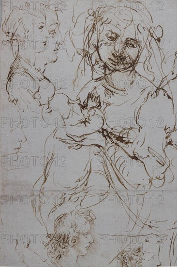 "Heads and Figure in Profile Views, The Virgin Mary nursing Infant Jesus in a Landscape and Infant St. John, a Lion Head and a Dragon" by Leonardo da Vinci