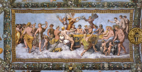 Rome, Villa Farnesina, Loggia of Cupid and Psyche: view of the vault with the Marriage of Cupid and Psyche, the symbolic culmination of the entire cycle