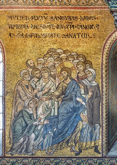 Monreale, Duomo: "Jesus healing the woman suffering from hemorraage", Byzantine mosaic, Episodes from the life of Christ, XII - XIII sec