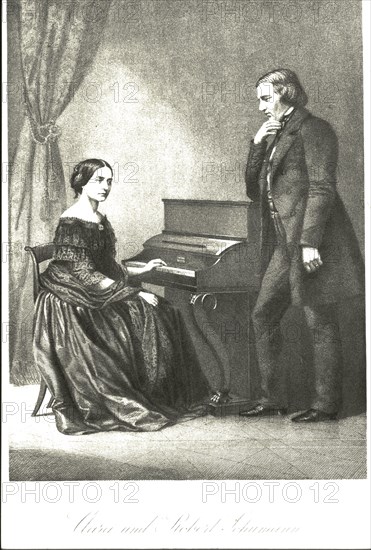 Portrait of Clara and Robert Schumann at the piano