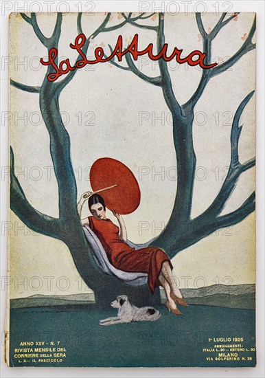 “Donna su albero con parasole rosso. La Lettura, 1° luglio 1925"