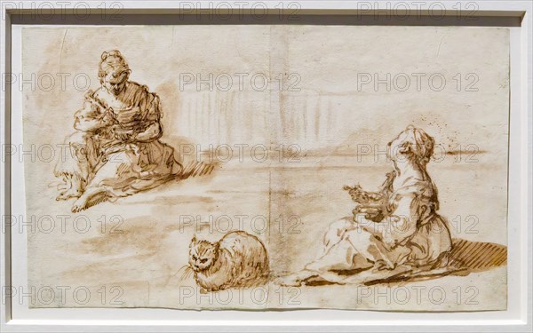 “Two little girls sitting on the ground and a cat” by Sebastiano Ricci