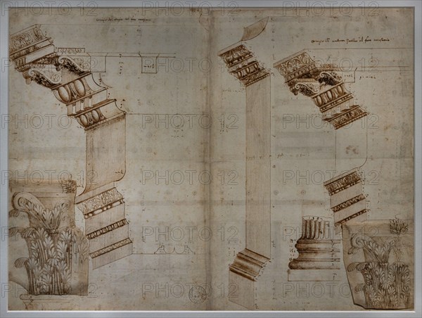 “Elements of the temple of Minerva and the Forum of Nerva in Rome, with variants of the Corinthian capital”, 1540s; by Andrea Palladio