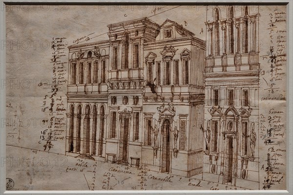 “The Olympic Theatre, Vicenza: study of the right side”, drawing by Vincenzo Scamozzi