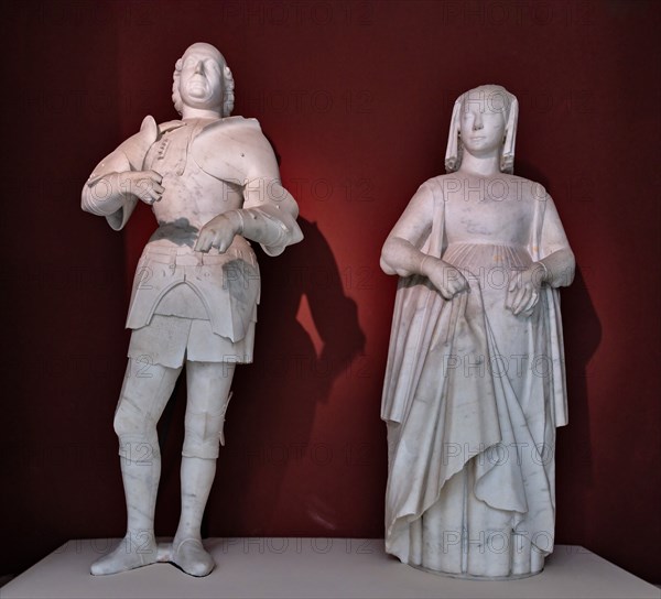 “Bianca Maria Visconti, Francesco Sforza”, statue in Carrara marble, by Alberto Maffioli
