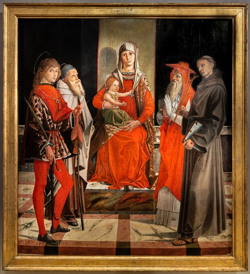 “Enthroned Madonna with infant Jesus among Saints Ansanus, Anthony the Great, Jerome and Francis”, by Bartolomeo Montagna