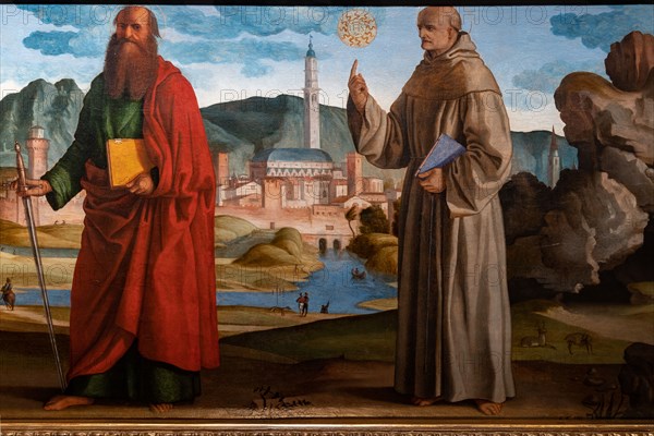 “St. Francis receives the stigmata among St. Clare and Peter, the blessed Bartolomeo of Breganze, and St. Paul and Bernardino”, by Marcello Fogolino