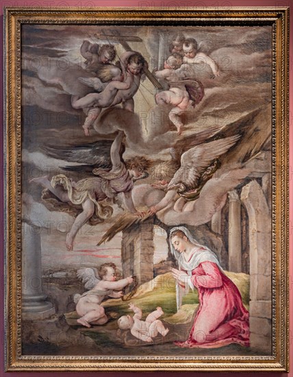 “Adoration of Infant Jesus and angels with the instruments of passion”, by Jacopo dal Ponte detto Bassano