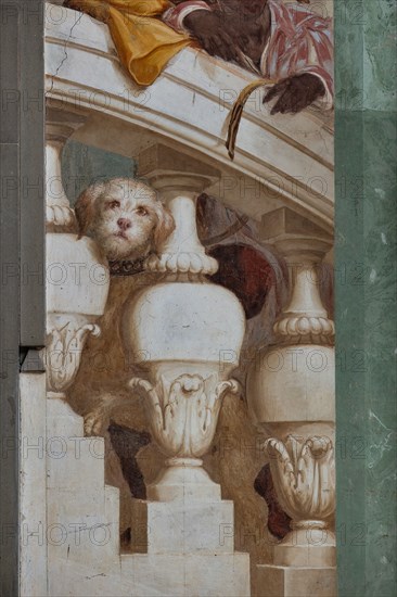 Medici Villa La Petraia, courtyard: “Giuliano Duke of Nemours and Lorenzo Duke of Urbino on the Capitoline Hill”, fresco from the cycle of the Fasti Medicei by Volterrano (Baldassarre Franceschini), 1636-1647.
Detail with a small dog.
Villa medicea La Petraia, Firenze (FI) - Florence, Toscana - Tuscany, Italia - Italy