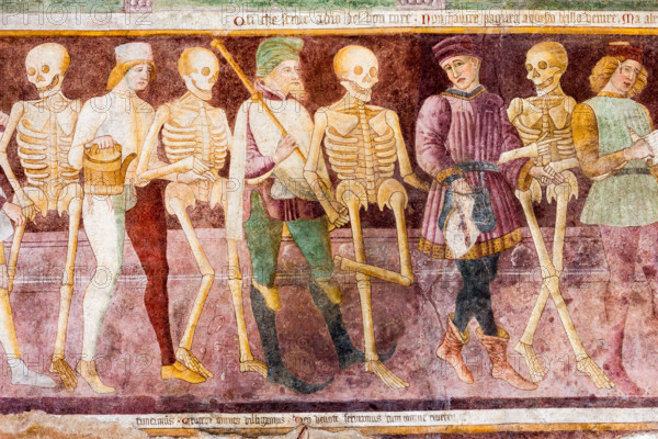 Clusone, Oratorio dei Disciplini o di San Bernardino, facciata: affreschi  "Trionfo della Morte" (parte alta) e "Danza Macabra" (parte bassa), 1485. Opera dell'artista clusonese Giacomo Borlone De Buschis.
Dettaglio della "Danza Macabra" con "l'Incontro dei tre morti e dei tre vivi."

[ENG] 
Clusone, Oratory of Disciplini or St. Bernardino, façade: frescoes with the Triumph of Death on the top and a Dance of Death (Macabre Dance) in the lower register (1485). All the frescoes are by Giacomo Borlone De Buschis.
Detail of the "Dance of Death" with the meeting between three dead and three living people.
Clusone (BG), Lombardia - Lombardy, Italia - Italy