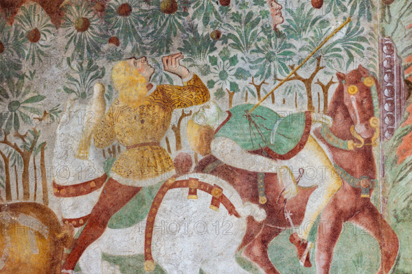 Clusone, Oratorio dei Disciplini o di San Bernardino, facciata: affreschi  "Trionfo della Morte" (parte alta) e "Danza Macabra" (parte bassa), 1485. Opera dell'artista clusonese Giacomo Borlone De Buschis.
Dettaglio del Trionfo della Morte: La Morte si trova sopra un sarcofago al cui interno si trovano ormai privi di vita il Papa e l’Imperatore con intorno serpenti, rospi e scorpioni (simboli di superbia e morte improvvisa). La Morte tiene in mando grossi cartigli che ricordano che  tutti sono destinati a lasciare il mondo terreno.

[ENG] 
Clusone, Oratory of Disciplini or St. Bernardino, façade: frescoes with the Triumph of Death on the top and a Dance of Death (Macabre Dance) in the lower register (1485). All the frescoes are by Giacomo Borlone De Buschis.
Detail of the Triumph of Death standing on a sarcophagus where the dead Pope and the Emperor lie. Theay are surrounded by serpents, scorpions and toads (symbols of pride and sudden death). Death hold big scrolls to remind ever...