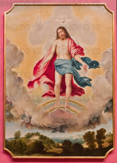 Bergamo, Museo Bernareggi: "Trinità" di Lorenzo Lotto (1524). Gesù è rappresentato in gloria in cielo entro un cerchio di nubi, come nelle scene della trasfigurazione. Poggia i piedi su due cerchi paradisiaci ed allarga le braccia per mostrare le ferite della Passione, tra lo sfolgorio del panneggio volante, mentre sopra di lui vola la colomba dello Spirito Santo.

[ENG]
Bergamo, Bernareggi Museum: "Trinity" by Lorenzo Lotto (1524). Jesus is represented in  in the sky within a circle of clouds, as in the scene of the Transfiguration. He shows the wounds of the Passion, the dove of the Holy Spirit flies over him.
Bergamo (BG), Lombardia - Lombardy, Italia - Italy