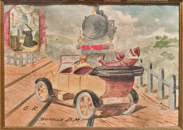 Bergamo, Museo Bernareggi: ex-voto novecentesco con scena di incidente tra auto e treno.

[ENG]
Bergamo, Bernareggi Museum: ex voto depicting an accident between a car and a train.
Bergamo (BG), Lombardia - Lombardy, Italia - Italy