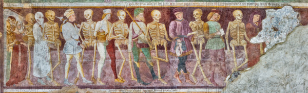 Clusone, Oratorio dei Disciplini o di San Bernardino, facciata: affreschi  "Trionfo della Morte" (parte alta) e "Danza Macabra" (parte bassa), 1485. Opera dell'artista clusonese Giacomo Borlone De Buschis.
Dettaglio della "Danza Macabra" con "l'Incontro dei tre morti e dei tre vivi."

[ENG] 
Clusone, Oratory of Disciplini or St. Bernardino, façade: frescoes with the Triumph of Death on the top and a Dance of Death (Macabre Dance) in the lower register (1485). All the frescoes are by Giacomo Borlone De Buschis.
Detail of the "Dance of Death" with the meeting between three dead and three living people.
Clusone (BG), Lombardia - Lombardy, Italia - Italy