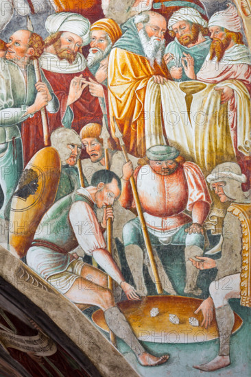 Clusone, Oratorio dei Disciplini o di San Bernardino, interno, affreschi sulla "Vita di Gesù" (1471),  dell'artista clusonese Giacomo Borlone De Buschis: particolare della Crocifissione.

[ENG] 
Clusone, Oratory of Disciplini or St. Bernardino, interior, frescoes representing the life of Jesus (1471), by Giacomo Borlone De Buschis: detail of the Crucifixion.
Clusone (BG), Lombardia - Lombardy, Italia - Italy