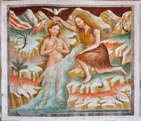 Clusone, Oratorio dei Disciplini o di San Bernardino, interno, affreschi sulla "Vita di Gesù" (1471),  dell'artista clusonese Giacomo Borlone De Buschis: Battesimo di Gesù nel fiume Giordano da parte di San Giovanni Battista. Lo Spirito Santo discende come una colomba.

[ENG] 
Clusone, Oratory of Disciplini or St. Bernardino, interior, frescoes representing the life of Jesus (1471), by Giacomo Borlone De Buschis: St. John the Baptist baptizes Jesus in the Jordan river. The Holy Spirit descend as a dove.
Clusone (BG), Lombardia - Lombardy, Italia - Italy