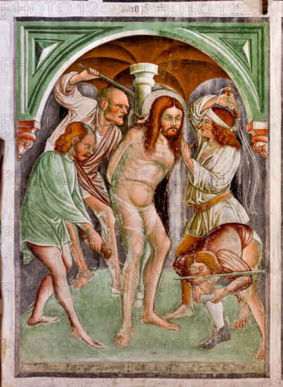 Clusone, Oratorio dei Disciplini o di San Bernardino, interno, affreschi sulla "Vita di Gesù" (1471),  dell'artista clusonese Giacomo Borlone De Buschis: La flagellazione.

[ENG] 
Clusone, Oratory of Disciplini or St. Bernardino, interior, frescoes representing the life of Jesus (1471), by Giacomo Borlone De Buschis:  The Flagellation.
Clusone (BG), Lombardia - Lombardy, Italia - Italy
