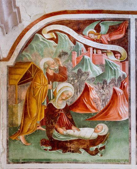 Clusone, Oratorio dei Disciplini o di San Bernardino, interno, affreschi sulla "Vita di Gesù" (1471),  dell'artista clusonese Giacomo Borlone De Buschis: La Natività.
[ENG] 
Clusone, Oratory of Disciplini or St. Bernardino, interior, frescoes representing the life of Jesus (1471), by Giacomo Borlone De Buschis: The Marriage at Cana.
Clusone (BG), Lombardia - Lombardy, Italia - Italy