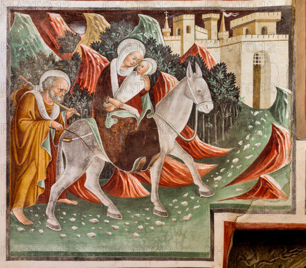 Clusone, Oratorio dei Disciplini o di San Bernardino, interno, affreschi sulla "Vita di Gesù" (1471),  dell'artista clusonese Giacomo Borlone De Buschis: La Fuga in Egitto.

[ENG] 
Clusone, Oratory of Disciplini or St. Bernardino, interior, frescoes representing the life of Jesus (1471), by Giacomo Borlone De Buschis: The Escape to Egypt.
Clusone (BG), Lombardia - Lombardy, Italia - Italy