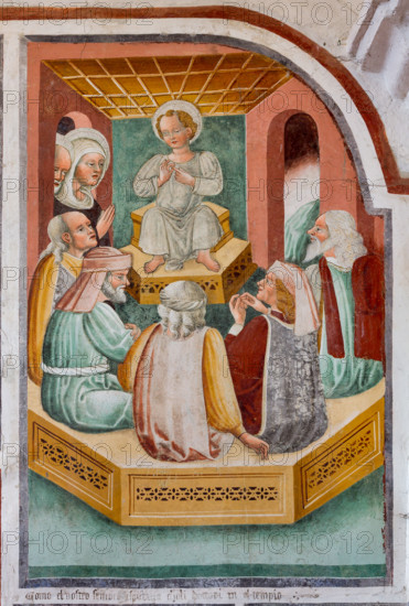 Clusone, Oratorio dei Disciplini o di San Bernardino, interno, affreschi sulla "Vita di Gesù" (1471),  dell'artista clusonese Giacomo Borlone De Buschis: Cristo tra i dottori.

[ENG] 
Clusone, Oratory of Disciplini or St. Bernardino, interior, frescoes representing the life of Jesus (1471), by Giacomo Borlone De Buschis:  Christ among the Doctors.
Clusone (BG), Lombardia - Lombardy, Italia - Italy