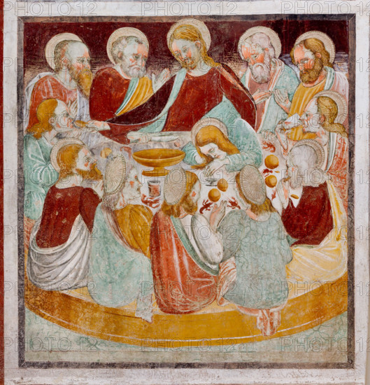 Clusone, Oratorio dei Disciplini o di San Bernardino, interno, affreschi sulla "Vita di Gesù" (1471),  dell'artista clusonese Giacomo Borlone De Buschis: L'ultima Cena.

[ENG] 
Clusone, Oratory of Disciplini or St. Bernardino, interior, frescoes representing the life of Jesus (1471), by Giacomo Borlone De Buschis: The Last Supper.
Clusone (BG), Lombardia - Lombardy, Italia - Italy