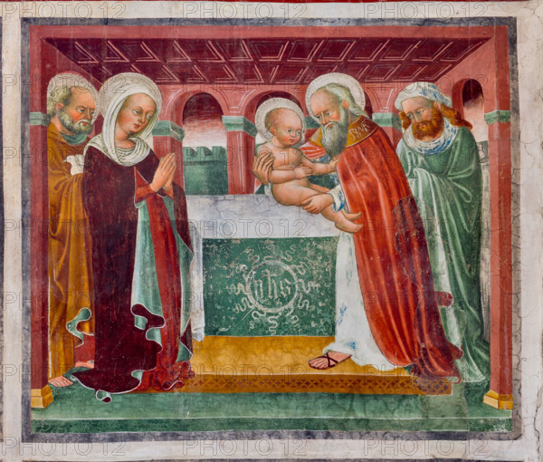 Oratorio dei Disciplini o di San Bernardino, interno: affresco del 1471 del ciclo "Vita di Ges?", dell'artista clusonese Giacomo Borlone de Buschis.
La Presentazione di Gesù al Tempio.

[ENG] 
Clusone, Oratory of Disciplini or St. Bernardino, interior, frescoes representing the life of Jesus (1471), by Giacomo Borlone De Buschis: The Presentation of Jesus at the Temple.
Clusone (BG), Lombardia, Italy
