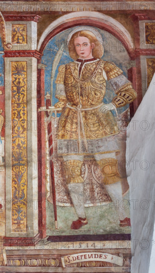 Clusone, Chiesa di San Defendente, affreschi sotto la lunetta del portale: San Defendente.

[ENG] 
Clusone, Church of St. Defendens, frescoes under the porch lunette: St. Defendens.
Clusone (BG), Lombardia - Lombardy, Italia - Italy