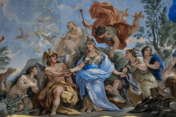 Medici Riccardi Palace, Gallery of Mirrors (or Room Luca Giordano): “Minerva protectress of the Arts and Sciences”, detail of the vault. Frescoes by Luca Giordano, 1682 - 1685.

Through the image of Minerva (Wisdom) and Mercury (Reason), man's maturity is highlighted. The goddess, in the centre, leaves her weapons to a putto, offers the key (heraldic symbol of the Riccardi) to Ingenuity (accompanied by naked Truth) and a hammer to Artifice and Industry. The god, instead, offers her a caduceus and a golden trumpet.
Palazzo Medici Riccardi, Firenze (FI) - Florence, Toscana - Tuscany, Italia - Italy