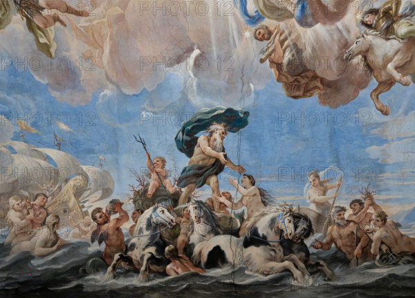 Medici Riccardi Palace, Gallery of Mirrors (or Room Luca Giordano): “Neptune and Amphitrite”. Detail of the vault. Frescoes by Luca Giordano, 1682 - 1685.
Various marine deities surround the wedding between Neptune and Amphitrite (allegory of Summer).
Palazzo Medici Riccardi, Firenze (FI) - Florence, Toscana - Tuscany, Italia - Italy