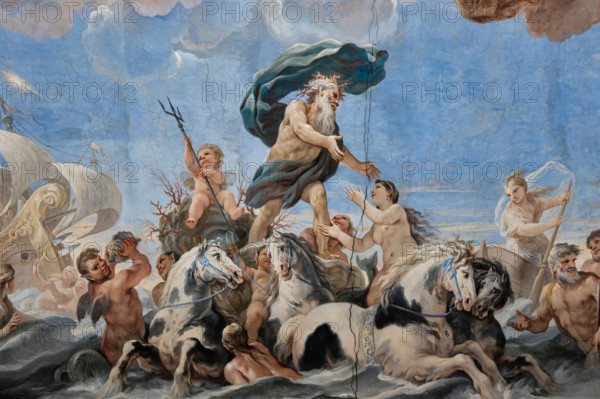 Medici Riccardi Palace, Gallery of Mirrors (or Room Luca Giordano): “Neptune and Amphitrite”. Detail of the vault. Frescoes by Luca Giordano, 1682 - 1685.
Various marine deities surround the wedding between Neptune and Amphitrite (allegory of Summer).
Palazzo Medici Riccardi, Firenze (FI) - Florence, Toscana - Tuscany, Italia - Italy