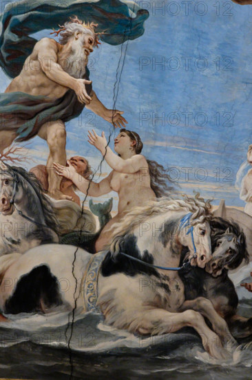 Medici Riccardi Palace, Gallery of Mirrors (or Room Luca Giordano): “Neptune and Amphitrite”. Detail of the vault. Frescoes by Luca Giordano, 1682 - 1685.
Various marine deities surround the wedding between Neptune and Amphitrite (allegory of Summer).
Palazzo Medici Riccardi, Firenze (FI) - Florence, Toscana - Tuscany, Italia - Italy