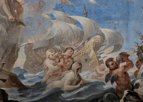 Medici Riccardi Palace, Gallery of Mirrors (or Room Luca Giordano): “Neptune and Amphitrite”. Detail of the vault with marine figures and a vessel. Frescoes by Luca Giordano, 1682 - 1685.
Palazzo Medici Riccardi, Firenze (FI) - Florence, Toscana - Tuscany, Italia - Italy