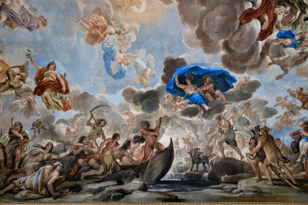 Medici Riccardi Palace, Gallery of Mirrors (or Room Luca Giordano): “Transport to the Underworld”; detail of the vault.
Frescoes by Luca Giordano; 1682 - 1685.

Pluto transports several people to the underworld on a boat. Also appearing in the scene are Hercules (from behind, wearing the lion's skin), the Harpies (in flight), the Erinyes (with torches in their hands), the dog Cerberus, placed on the shore awaiting the arrival of Pluto, Charon on the boat, personified Death, behind Pluto, with the scythe and the deceased souls, while in the background we can glimpse the forge of Vulcan (element of Fire, allegory of Winter). Above is the fluttering Night, which with its cloak of stars protects sleep (the cherubs with masks and butterfly and bat wings instead symbolize dreams).
Palazzo Medici Riccardi, Firenze (FI) - Florence, Toscana - Tuscany, Italia - Italy