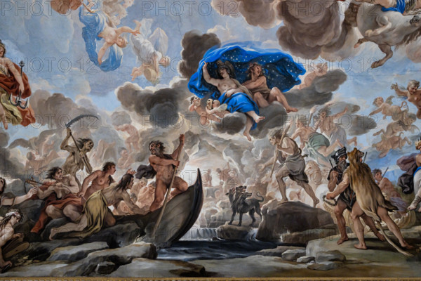 Medici Riccardi Palace, Gallery of Mirrors (or Room Luca Giordano): “Transport to the Underworld”; detail of the vault.
Frescoes by Luca Giordano; 1682 - 1685.

Pluto transports several people to the underworld on a boat. Also appearing in the scene are Hercules (from behind, wearing the lion's skin), the Harpies (in flight), the Erinyes (with torches in their hands), the dog Cerberus, placed on the shore awaiting the arrival of Pluto, Charon on the boat, personified Death, behind Pluto, with the scythe and the deceased souls, while in the background we can glimpse the forge of Vulcan (element of Fire, allegory of Winter). Above is the fluttering Night, which with its cloak of stars protects sleep (the cherubs with masks and butterfly and bat wings instead symbolize dreams).
Palazzo Medici Riccardi, Firenze (FI) - Florence, Toscana - Tuscany, Italia - Italy