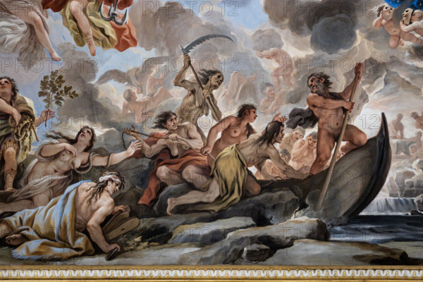 Medici Riccardi Palace, Gallery of Mirrors (or Room Luca Giordano): “Transport to the Underworld”; detail of the vault.
Frescoes by Luca Giordano; 1682 - 1685.

Pluto transports several people to the underworld on a boat. Charon appears in the scene on the boat, Death personified, behind Pluto, with the scythe and the deceased souls.
Palazzo Medici Riccardi, Firenze (FI) - Florence, Toscana - Tuscany, Italia - Italy