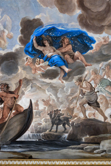 Medici Riccardi Palace, Gallery of Mirrors (or Room Luca Giordano): “Transport to the Underworld”; detail of the vault.
Frescoes by Luca Giordano; 1682 - 1685.

Detail with the dog Cerberus, placed on the shore awaiting the arrival of Pluto, Charon on the boat. Above is the fluttering Night, which with its cloak of stars protects sleep (the cherubs with masks and butterfly and bat wings instead symbolize dreams).
Palazzo Medici Riccardi, Firenze (FI) - Florence, Toscana - Tuscany, Italia - Italy